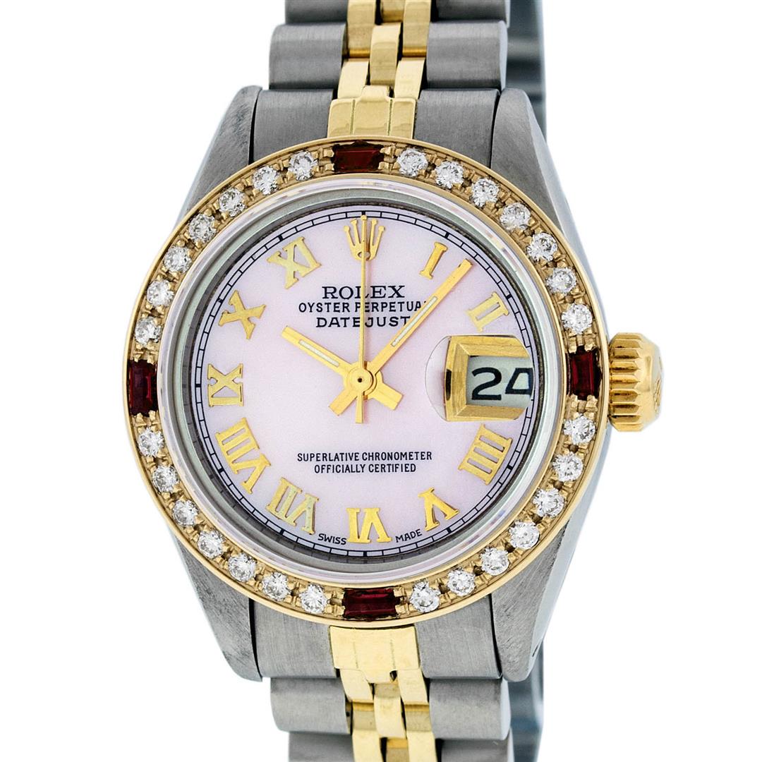 Rolex Ladies 2 Tone 14K Pink MOP Diamond & Ruby: One Ladies 14K Two Tone Rolex Datejust Polished, Serviced & Electronically Tested, 14K Yellow Gold & Stainless Steel Case: 26mm, 14K Yellow Gold Crown, Custom Bezel: New 18K Yellow Gold Ruby Beadset D