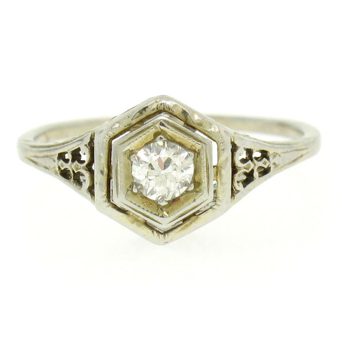 18k White Gold Old European Diamond Solitaire Ring: One Antique Art Deco Filigree 18k White Gold Old European Diamond Solitaire Ring. Item Details: Material: 18K Solid White Gold, Weight: 2.0 Grams, Stone(s): (1) Natural Genuine Diamond - Old European 