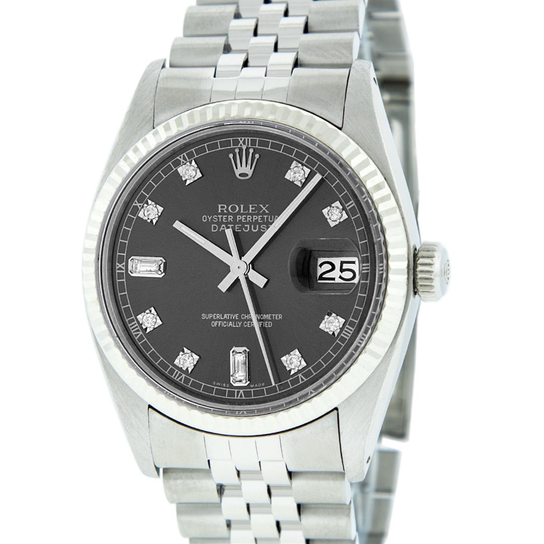 Rolex Mens Stainless Rhodium Diamond 36MM Datejust: One Mens Stainless Steel Rolex Datejust Polished Bright with Satin Finish, This Watch Has Been Serviced & Electronically Tested, Stainless Steel Case: 36mm, Stainless Steel Crown, Bezel: 14K White Gol