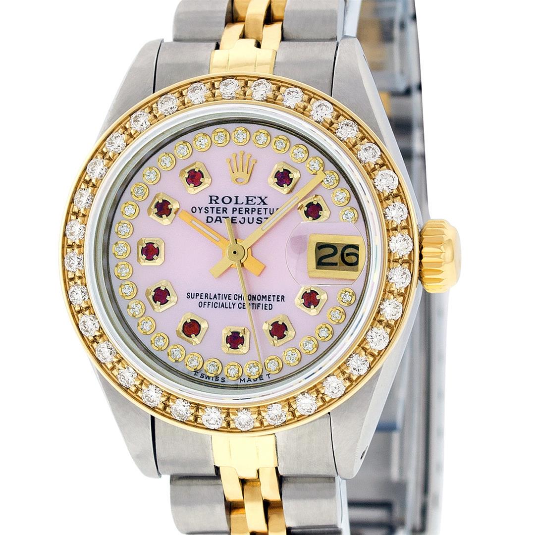 Rolex Ladies 2 Tone 14K Pink MOP Ruby String Diamond: One Ladies 14K Two Tone Rolex Datejust Polished, Serviced & Electronically Tested, 14K Yellow Gold & Stainless Steel Case: 26mm, 14K Yellow Gold Crown, Custom Bezel: New 18K Yellow Gold Beadset Diamon
