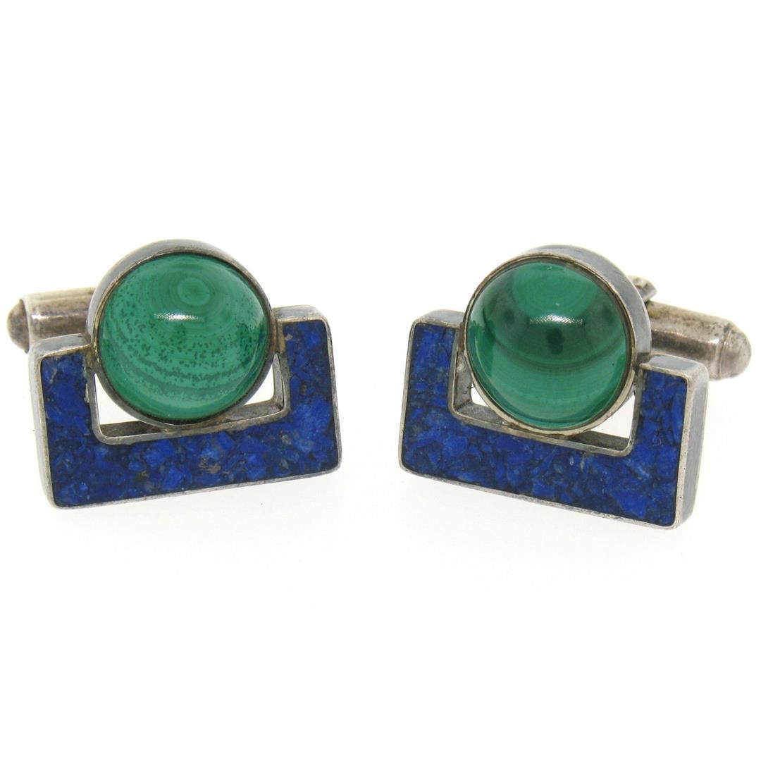 Sterling Silver Malachite & Lapis Swivel Cuff Links: One Unique Vintage D. Epstein Sterling Silver Malachite & Lapis Swivel Cuff Links. Item Details: Material: Solid .925 Sterling Silver, Total Weight: 14.0 Grams, Stone(s): (2) Natural Genuine Malachite