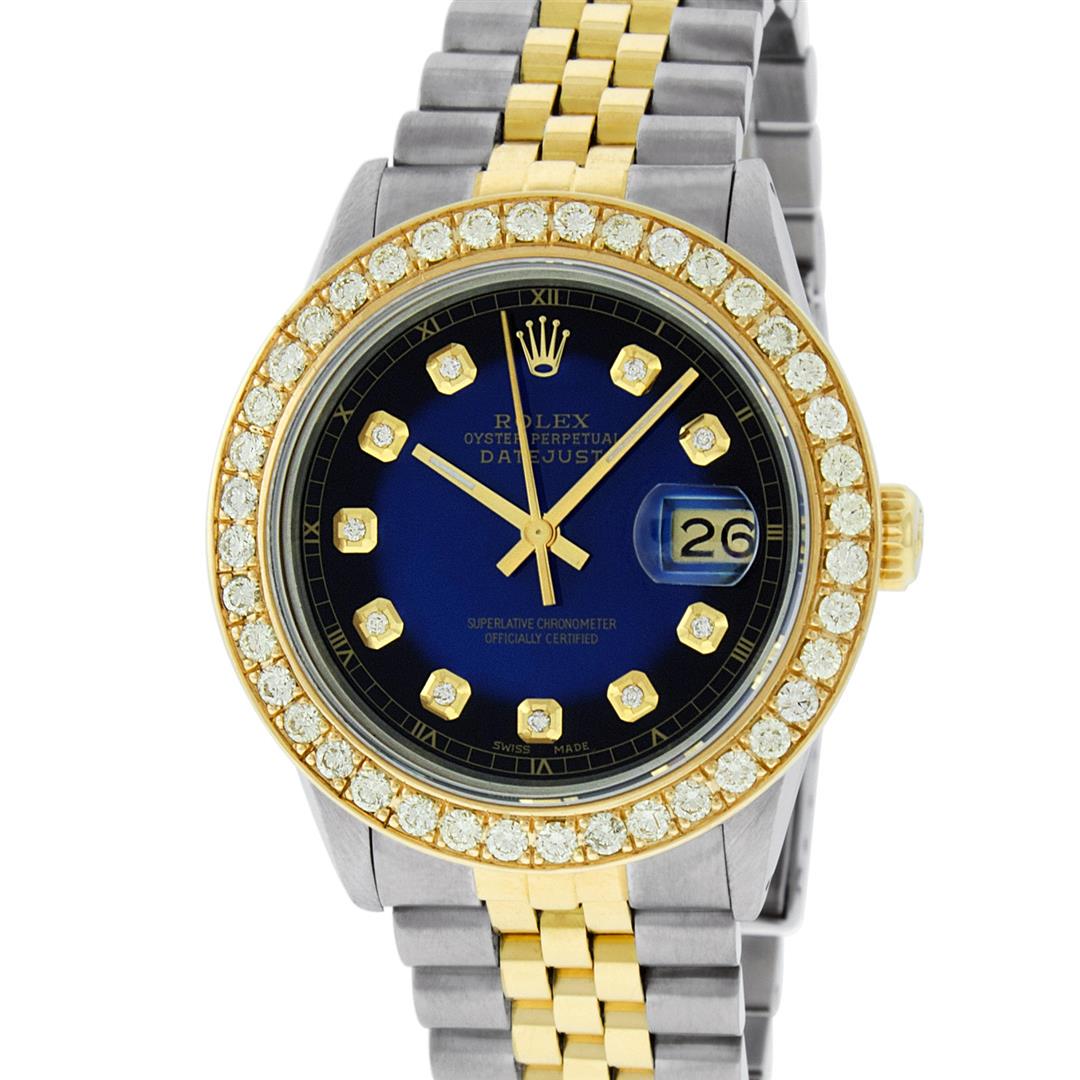 Rolex Mens 2 Tone 18K Blue Vignette 1.9 ctw Diamond: One Mens 14K Yellow Gold Two Tone Rolex Datejust Polished Bright with Satin Finish, Serviced & Electronically Tested, 14K Yellow Gold And Stainless Steel Case: 36mm, Yellow Gold Crown, Custom Bezel: N
