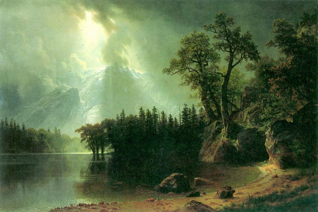 Storm Over the Sierra Nevada by Albert Bierstadt: Artist: Albert Bierstadt - Title: Storm Over the Sierra Nevada - Medium: Fine Art Giclee on Canvas - Image Size: Approximately 13.25 inches x 20 inches - Framed: Unframed on Unstretched Canvas - Biogr