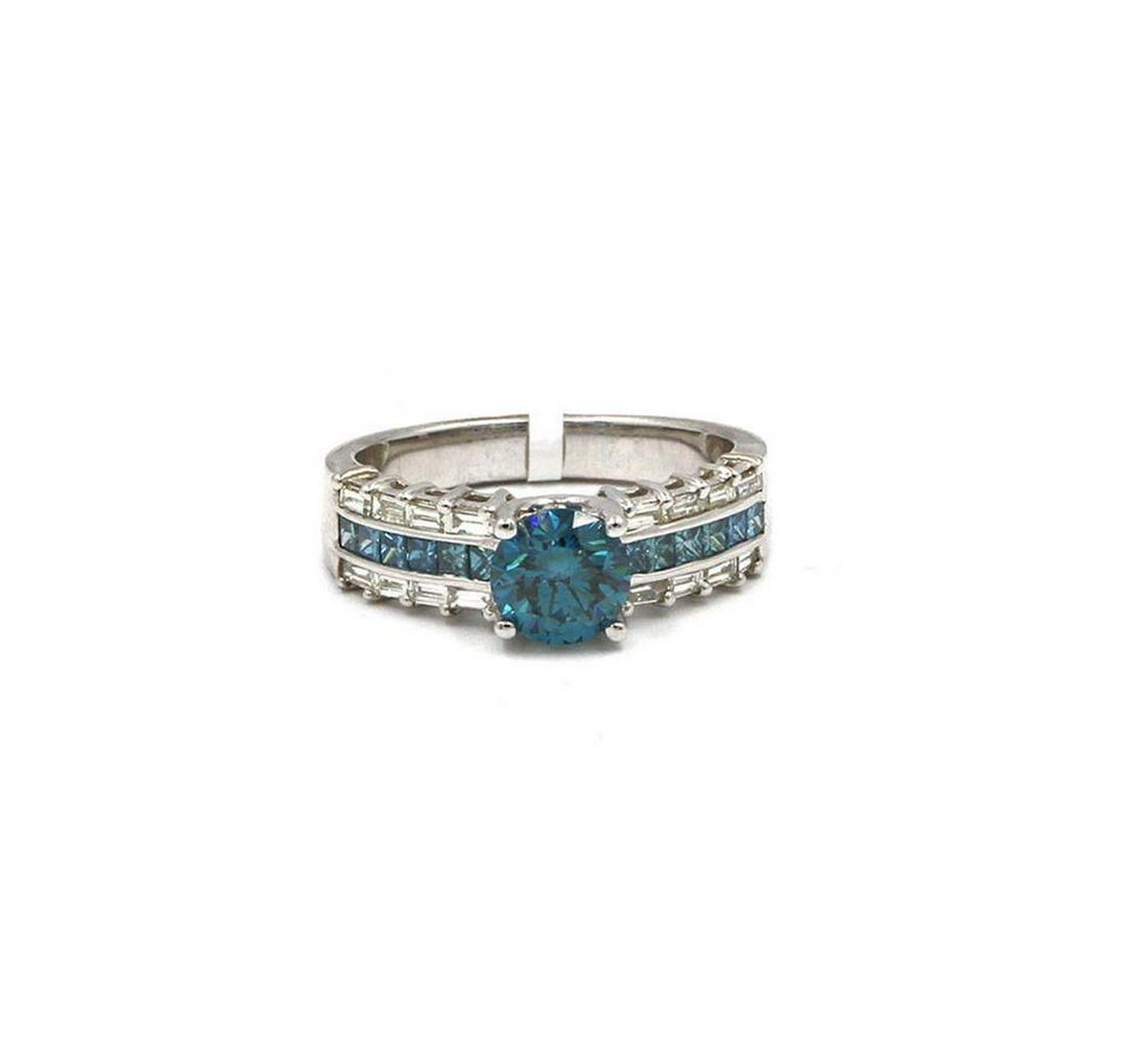 1.06 ctw Blue and White Diamond Ring - 14KT White Gold: One lady's wedding ring featuring: 14KT white gold weighing 4.17 grams containing one color enhanced blue diamond weighing 1.06ct and blue and white diamonds weighing 0.79ctw. The blue diamond is roun