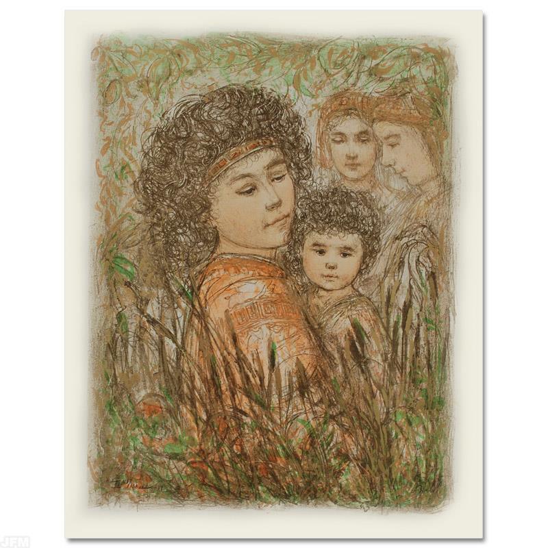 Pharaoh's Daughter with Moses in Bulrushes by Hibel: "Pharaoh's Daughter with Moses in Bulrushes" is a limited edition lithograph on paper, numbered and hand signed by Edna Hibel (1917-2014). Includes Certificate of Authenticity! Measures approx. 18" x 