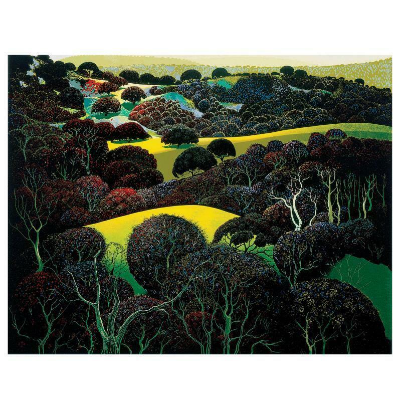 Santa Ynez Memories by Eyvind Earle (1916-2000): "Santa Ynez Memories" is a limited edition serigraph on paper by Eyvind Earle (1916-2000). The piece is numbered, hand-signed by the artist, and accompanied by a certificate of authenticity. Measures