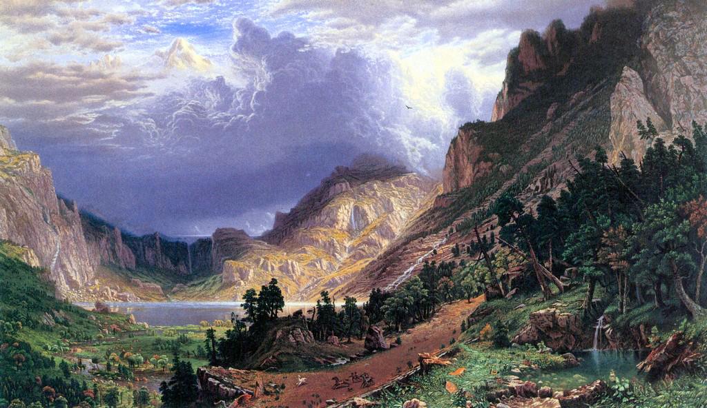 Storm in the Rockies, Mt. Rosalie by Albert Bierstadt: Artist: Albert Bierstadt - Title: Storm in the Rockies, Mt. Rosalie - Medium: Fine Art Giclee on Canvas - Image Size: Approximately 11.5 inches x 20 inches - Unframed on Unstretched Canvas - Biography