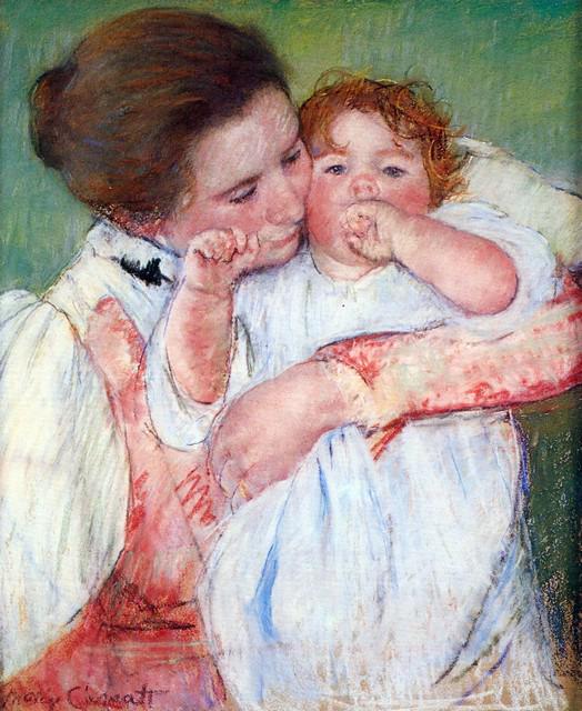 Mary Cassatt - Young Mothers Embrace: Artist: Mary Stevenson Cassatt (b. 1844 - 1926) Title: Young Mothers Embrace Medium: Fine Art Reproduction Giclee on Canvas Image Size: Approximately 20 inches x 16.5 inches Unframed on Unstretched Ca