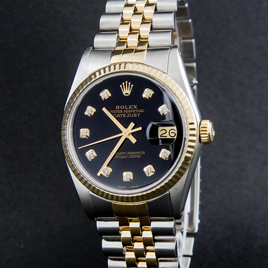 Rolex Mens 2 Tone 14K Black Diamond 36MM Datejust: One Mens 14K Yellow Gold Two Tone Rolex Datejust Polished, Serviced & Electronically Tested, 14K Yellow Gold & Stainless Steel Case: 36mm, 14K Yellow Gold Crown, Bezel: 14K Yellow Gold Fluted Bezel. C