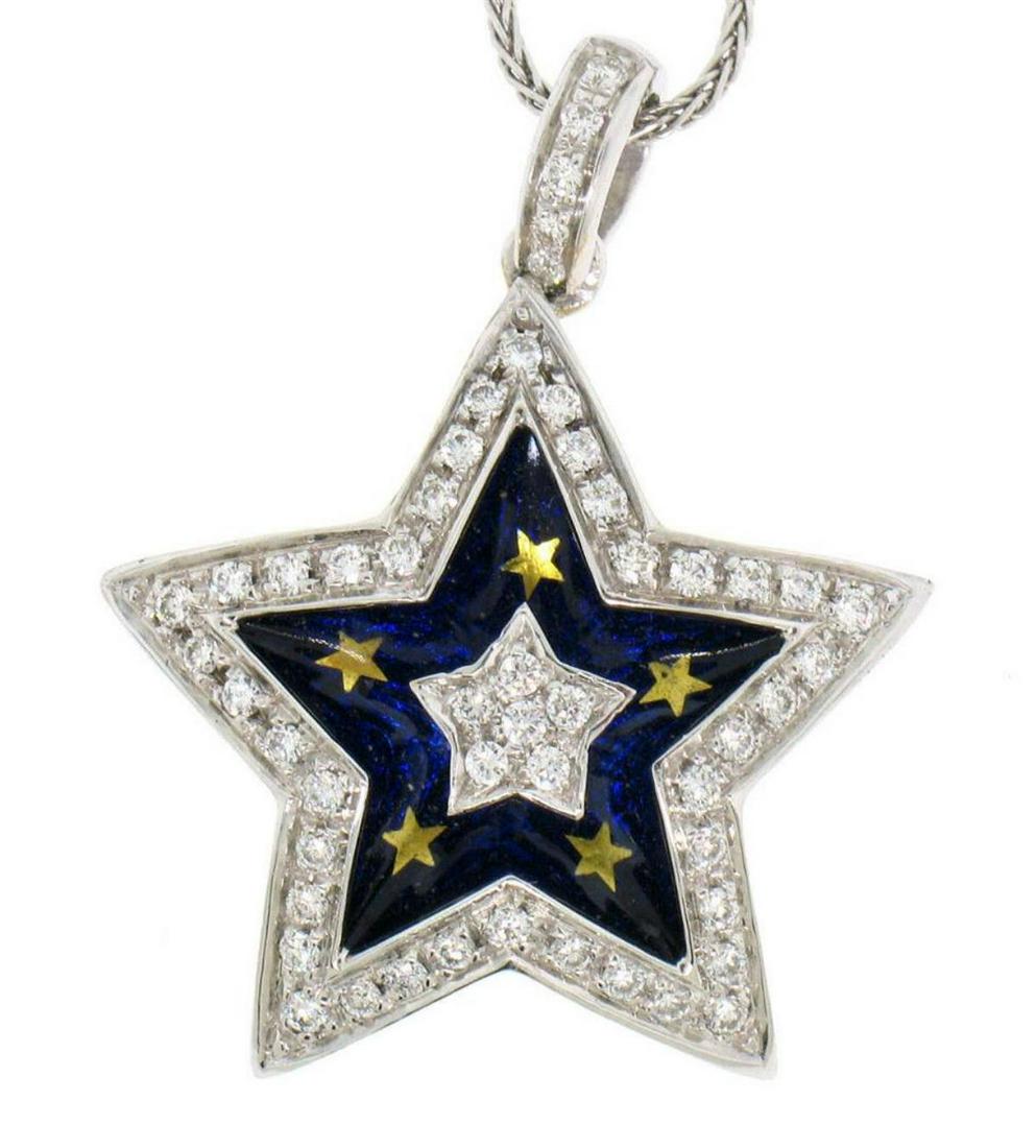 18kt Gold 1.10 ctw Diamond Star Pendant Necklace with: An 18kt white and yellow gold pendant necklace featuring a five-pointed star set with 1.10ctw of round brilliant diamonds (F/G - VS1/VS2) accented with blue and gold enamel. 18 inch wheat link chain, 