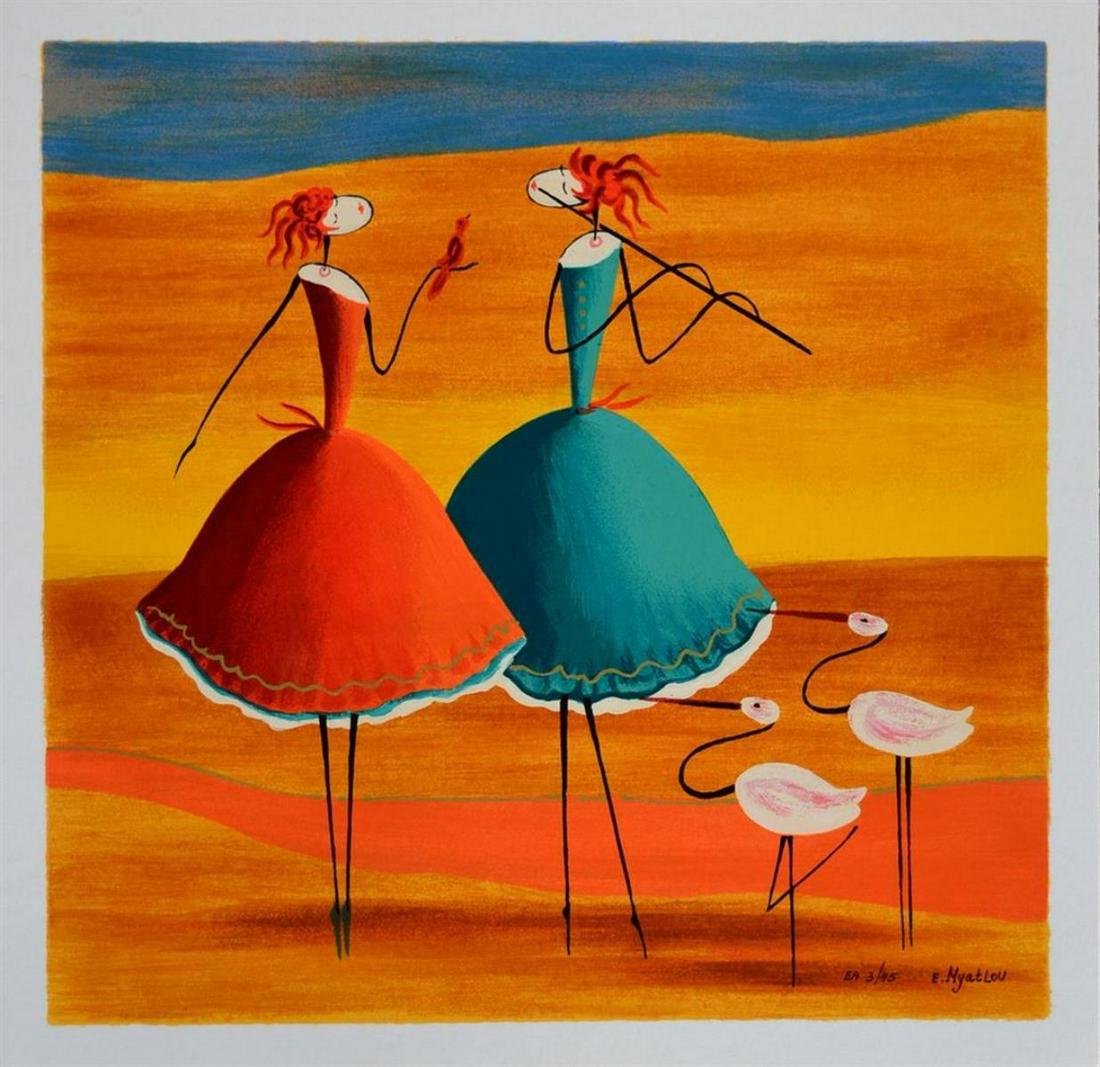 Esther Myatlov Companions: Artist: Esther Myatlov - Title: Companions - Medium: Serigraph on Fine Art Paper - Signature: Hand-signed by the Artist - Limited Edition: EA 45 - Paper Size: Approximately 12.75 inches x 13 inches -