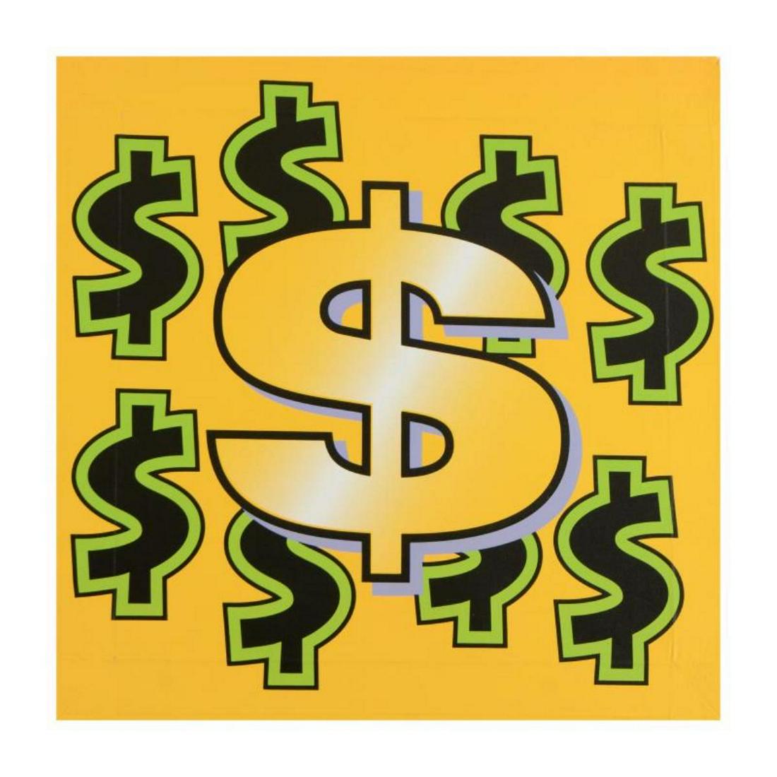 Dollar Sign (Yellow Background) by Steve Kaufman: Dollar Sign is a limited edition hand pulled silkscreen on canvas by Andy Warhol protege Steve Kaufman (1960-2010). This piece is numbered 2/50 and hand signed inverso. Includes letter of authenticity