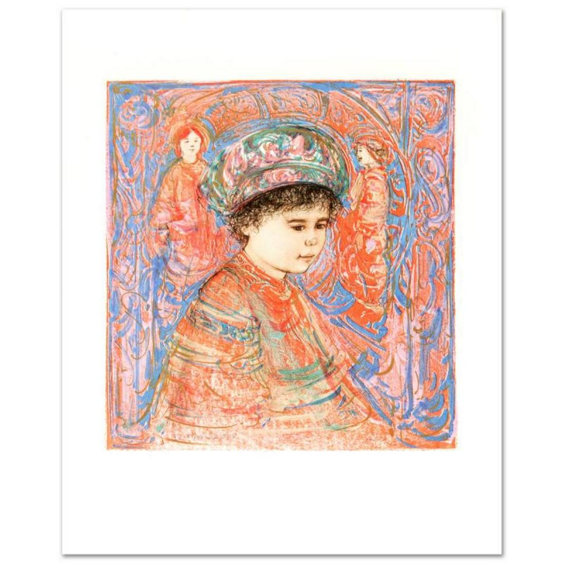 Boy with Turban by Hibel (1917-2014): "Boy with Turban" is a limited edition lithograph on paper, numbered and hand signed by Edna Hibel (1917-2014). Includes Certificate of Authenticity! Measures approx. 18" x 22" (with border), 14" x 15