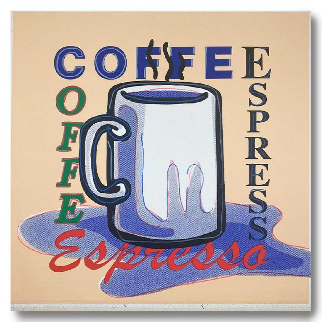 ESPRESSO by Steve Kaufman (1960-2010): ESPRESSO is a limited edition hand pulled silkscreen mixed media on canvas by Andy Warhol protege Steve Kaufman (1960-2010). This piece is numbered and 14/50 and hand signed inverso. Includes letter o