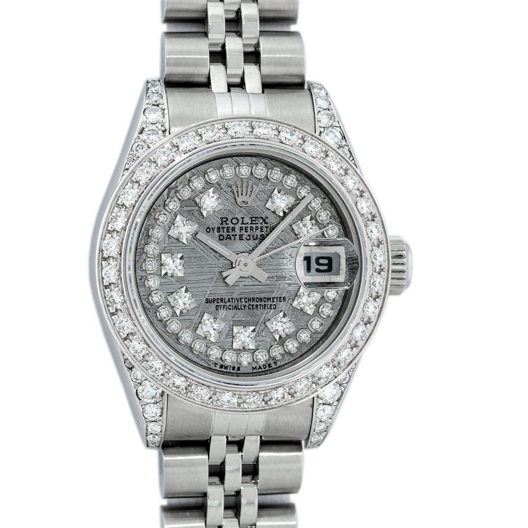 Rolex Ladies Stainless Steel Quickset Meteorite Diamond: One Quickset Ladies Stainless Steel Rolex Datejust Polished Bright with Satin Finish, Serviced & Electronically Tested, Stainless Steel Case: 26mm, Stainless Steel Crown, Custom Diamond Lugs: 24 Diamo