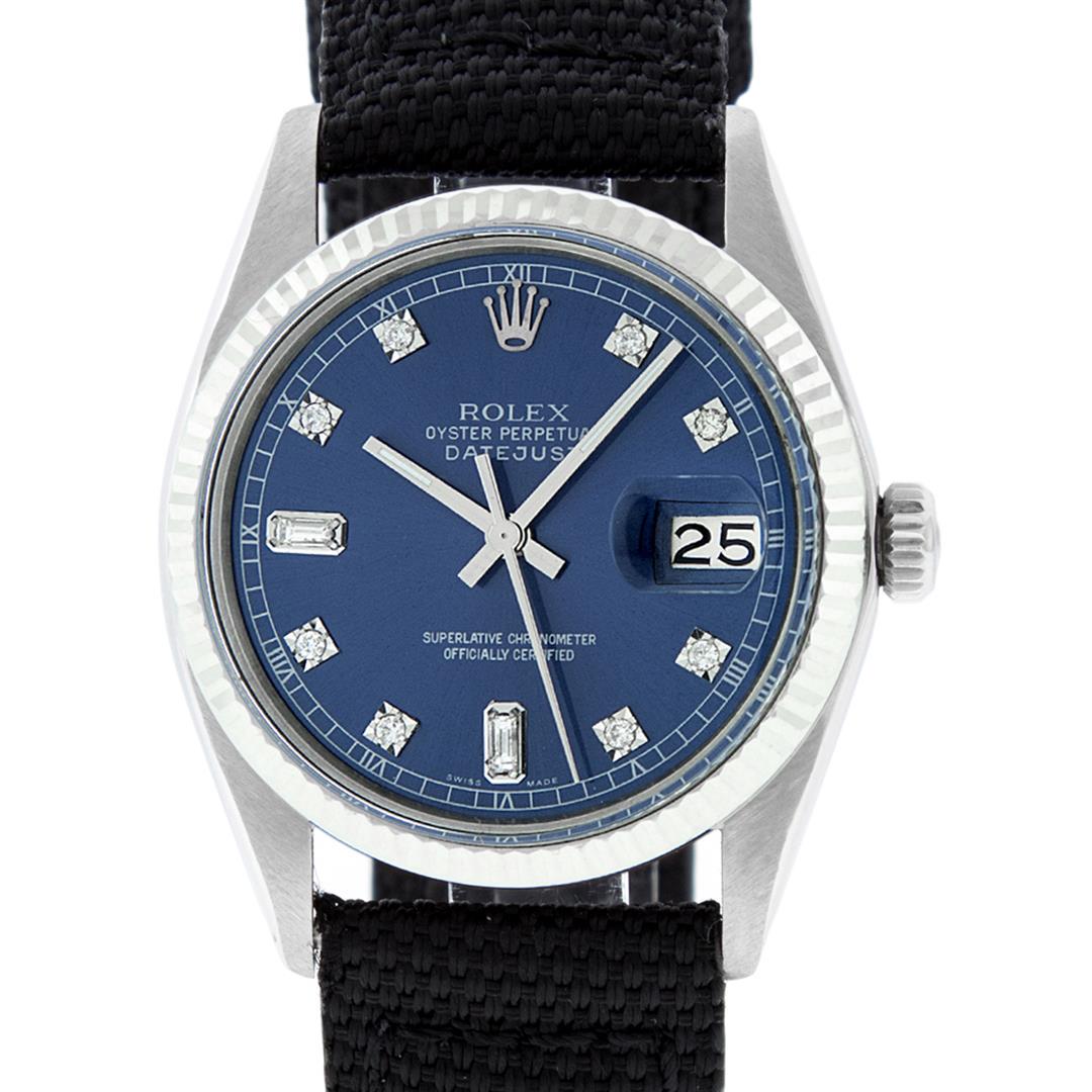 Rolex Mens Stainless Steel Blue Diamond 36MM Datejust: One Mens Stainless Steel Rolex Datejust Polished Bright with Satin Finish, This Watch Has Been Serviced & Electronically Tested, Stainless Steel Case: 36mm, Stainless Steel Crown, Bezel: 14K White Gol