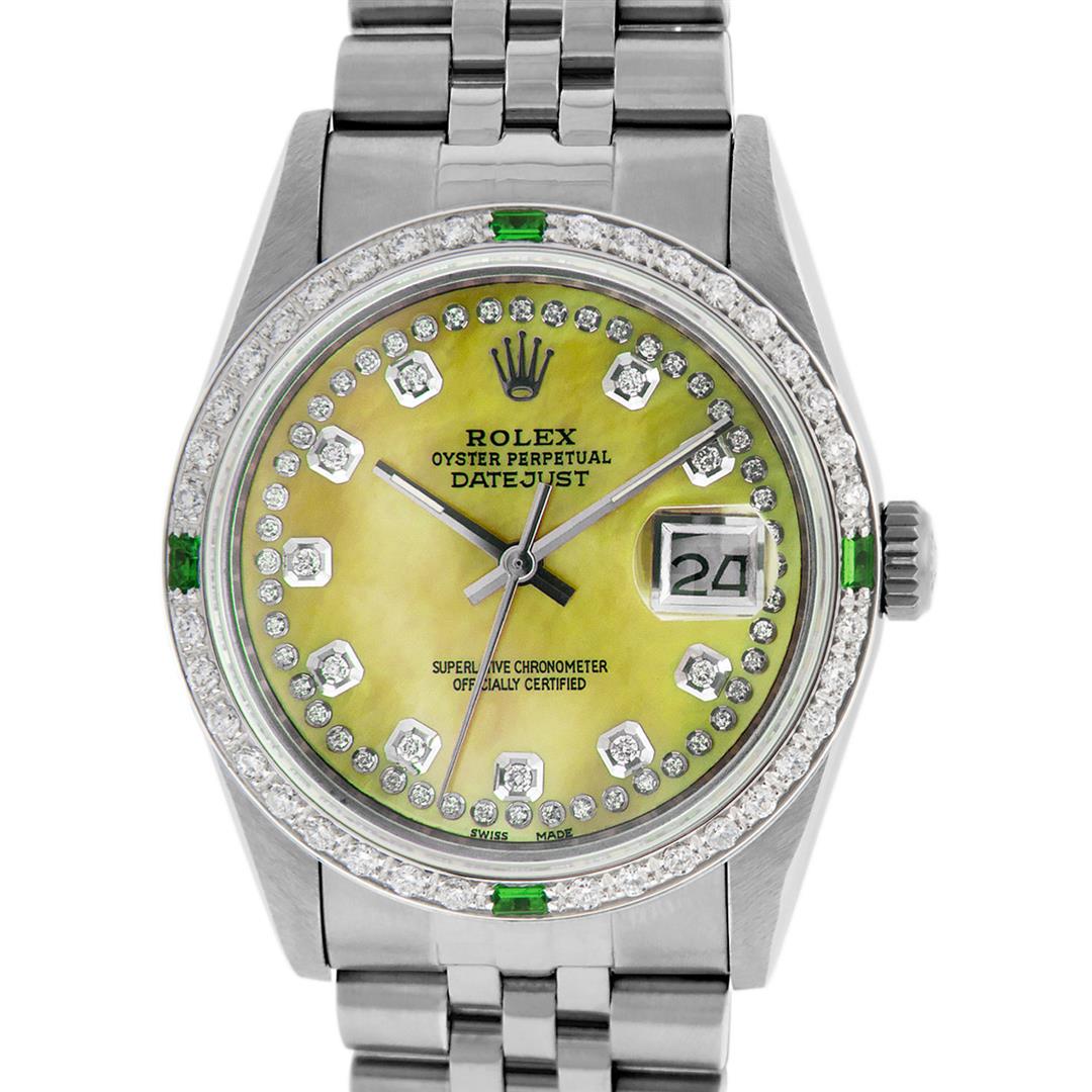 Rolex Mens Stainless Steel Yellow MOP & Emerald: One Mens Rolex Datejust Polished Bright with Satin Finish, Serviced & Electronically Tested, Stainless Steel Case: 36mm, Custom Diamond Lugs: 28 Diamonds In Lugs, Color: G to H, Clarity: SI-VS. Stainl