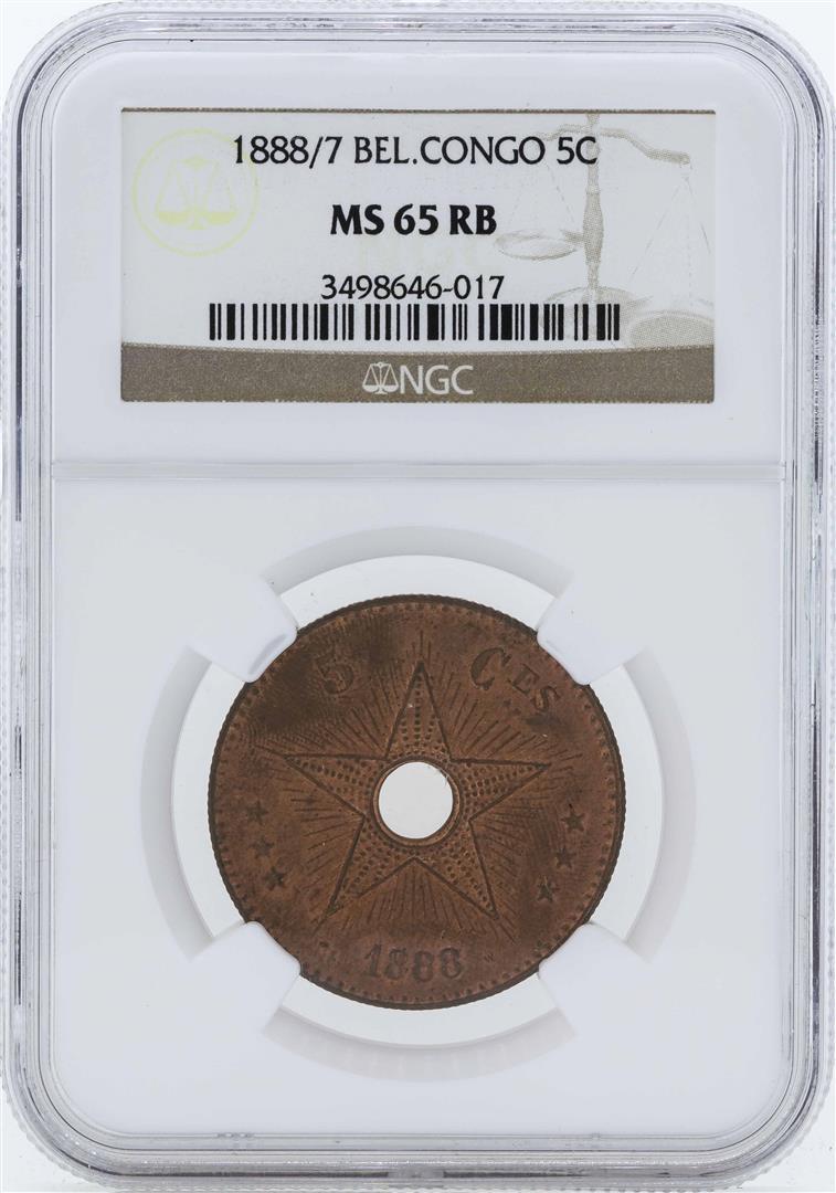 1888/7 Belgian Congo 5 Centimes Coin NGC MS65RB: One 1888/7 Belgian Congo 5 Centimes Coin NGC MS65RB. NGC Certified.