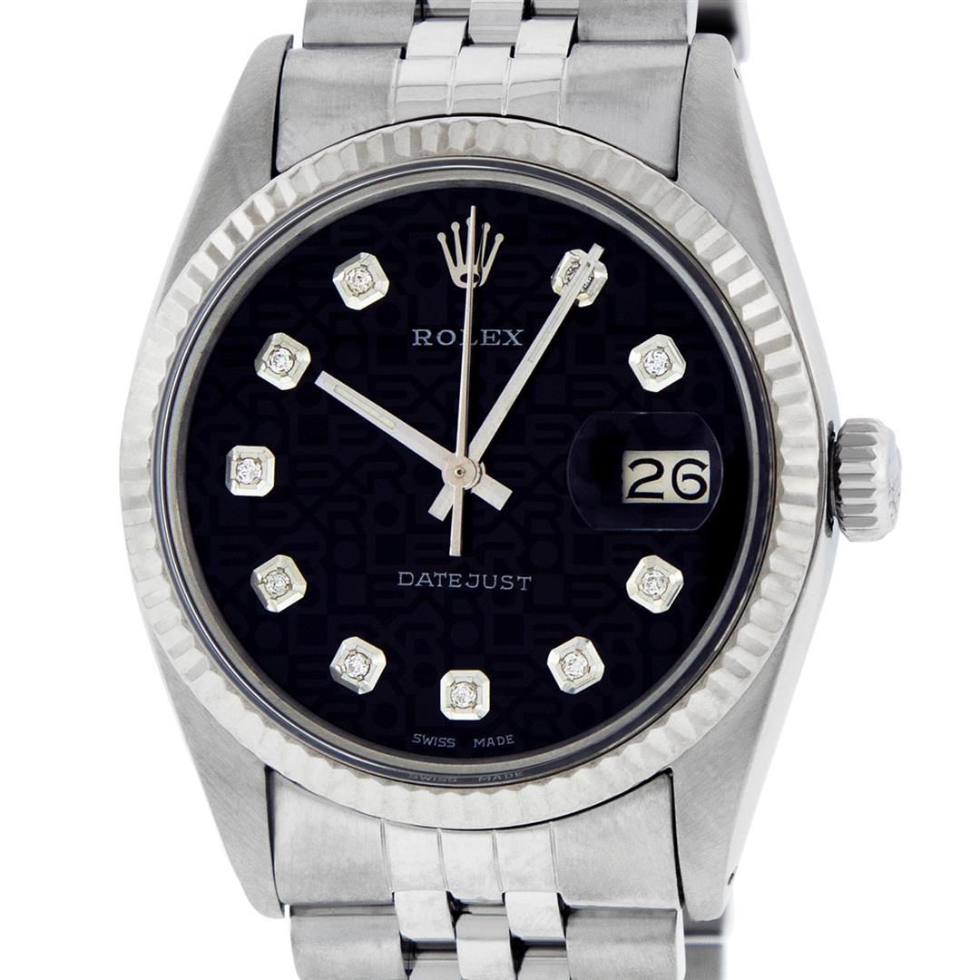 Rolex Mens Stainless Black Diamond 36MM Datejust: One Mens Stainless Steel Rolex Datejust Polished Bright with Satin Finish, This Watch Has Been Serviced & Electronically Tested, Stainless Steel Case: 36mm, Stainless Steel Crown, Bezel: 14K White Gol