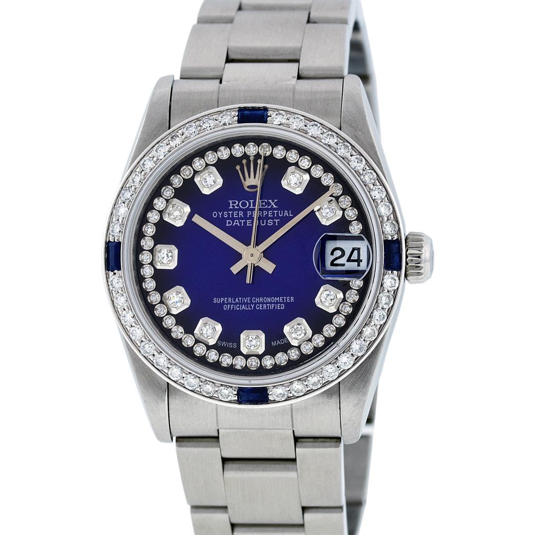 Rolex Womens Midsize 31mm Blue Vignette String Diamond: One Womens Midsize Stainless Steel Rolex Datejust Polished, Serviced & Electronically Tested, Stainless Steel Case Case: 31mm, Stainless Steel Crown, Custom Bezel: New 18K White Gold Sapphire Beadset
