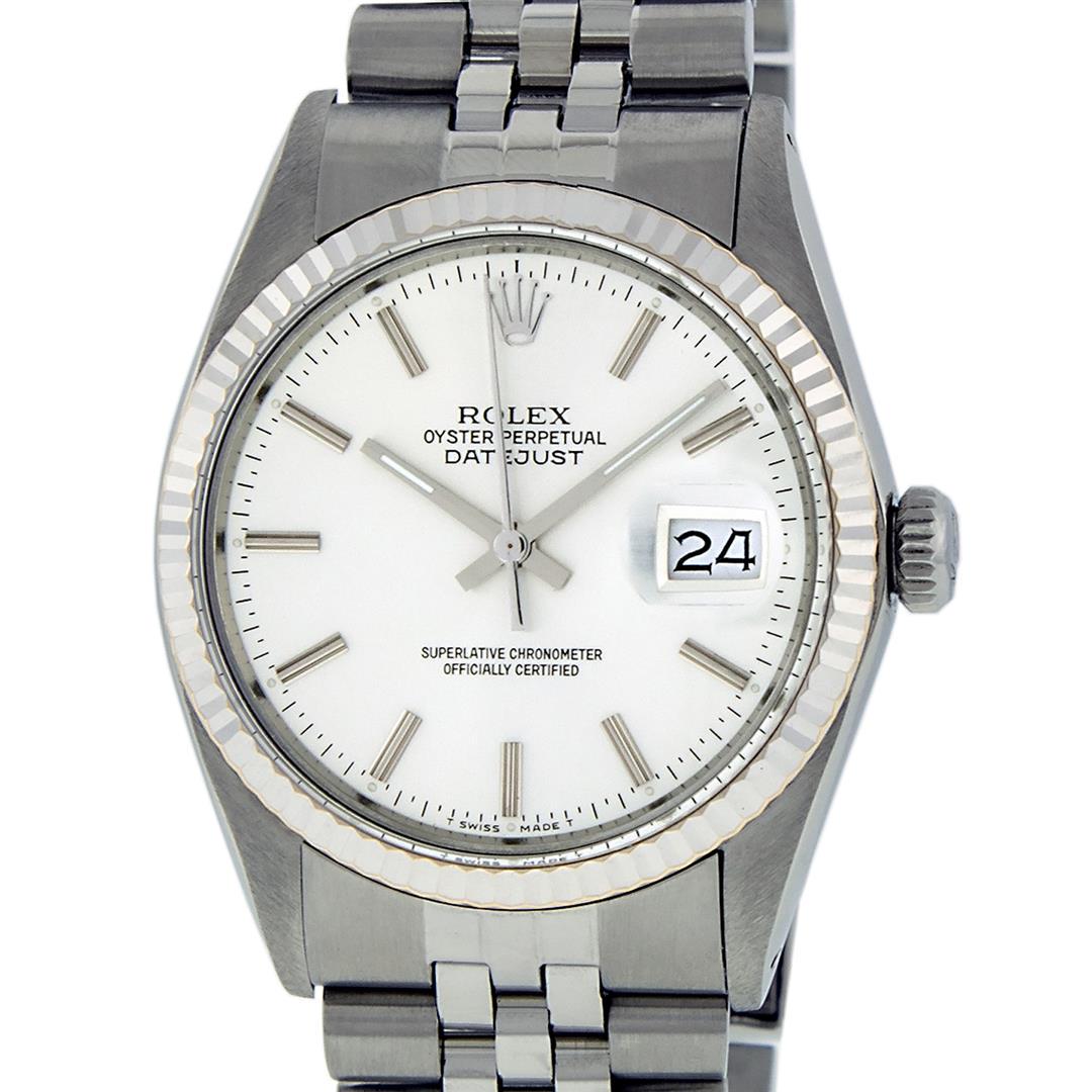 Rolex Mens Stainless Steel 36MM Silver Index Datejust: One Mens Stainless Steel Rolex Datejust Polished, Serviced & Electronically Tested, Stainless Steel Case: 36mm, Stainless Steel Crown, Bezel: 14K White Gold Fluted Bezel. Custom Crystal: New Acrylic C