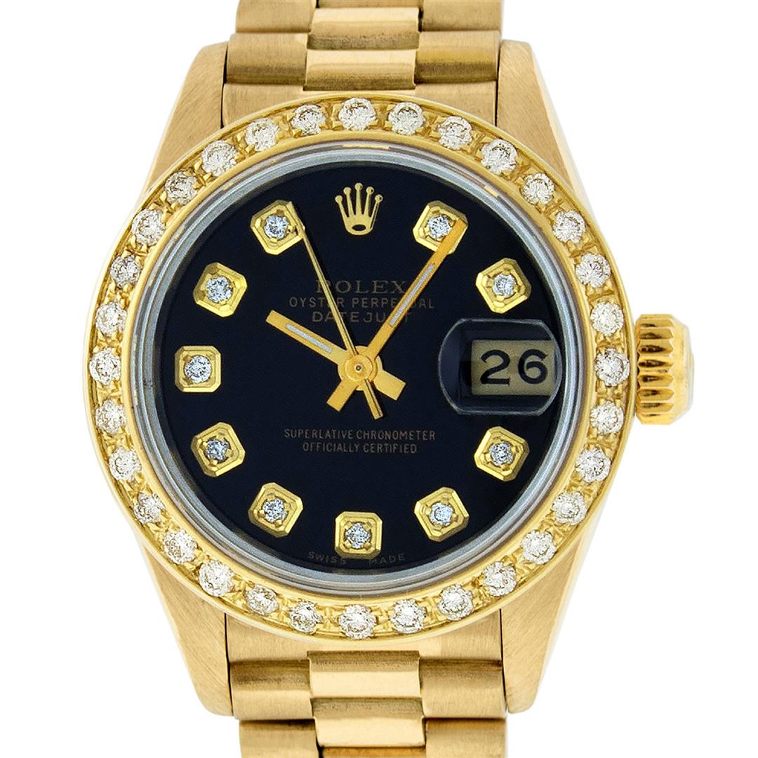 Rolex Ladies 18K Yellow Black Diamond President: One Ladies Quickset Rolex 18K Yellow Gold President Polished, Serviced & Electronically Tested, 18K Yellow Gold Case: 26mm, 18K Yellow Gold Crown, Custom Bezel: New 18K Yellow Gold Bead Set Diamond Be