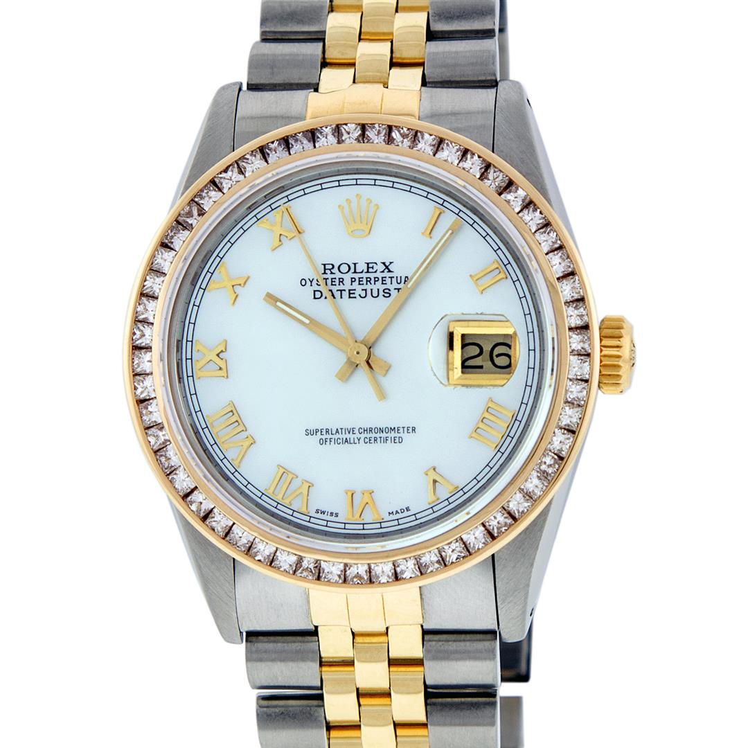 Rolex Mens 2 Tone 14K MOP Princess Cut Datejust: One Mens 14K Yellow Gold Two Tone Rolex Datejust Polished Bright with Satin Finish, Serviced & Electronically Tested, 14K Yellow Gold And Stainless Steel Case: 36mm, 14K Yellow Gold Crown, Custom Beze