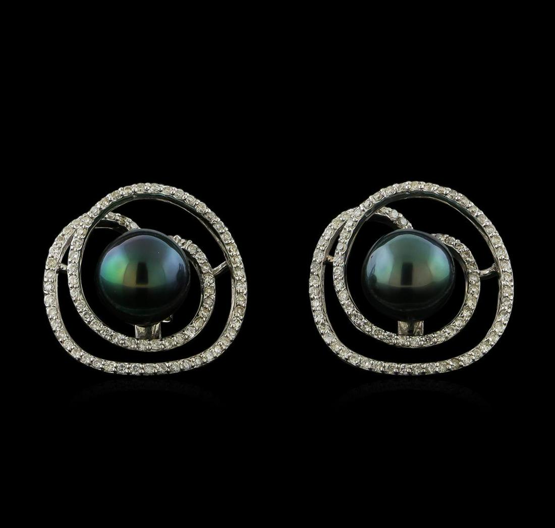 Tahitian Pearl and Diamond Earrings - 14KT White Gold: One pair electronically tested 14KT white gold lady's combination cast & assembled designer button style earrings with friction posts with a bright polish finish. Identified with markings of "14K". Co