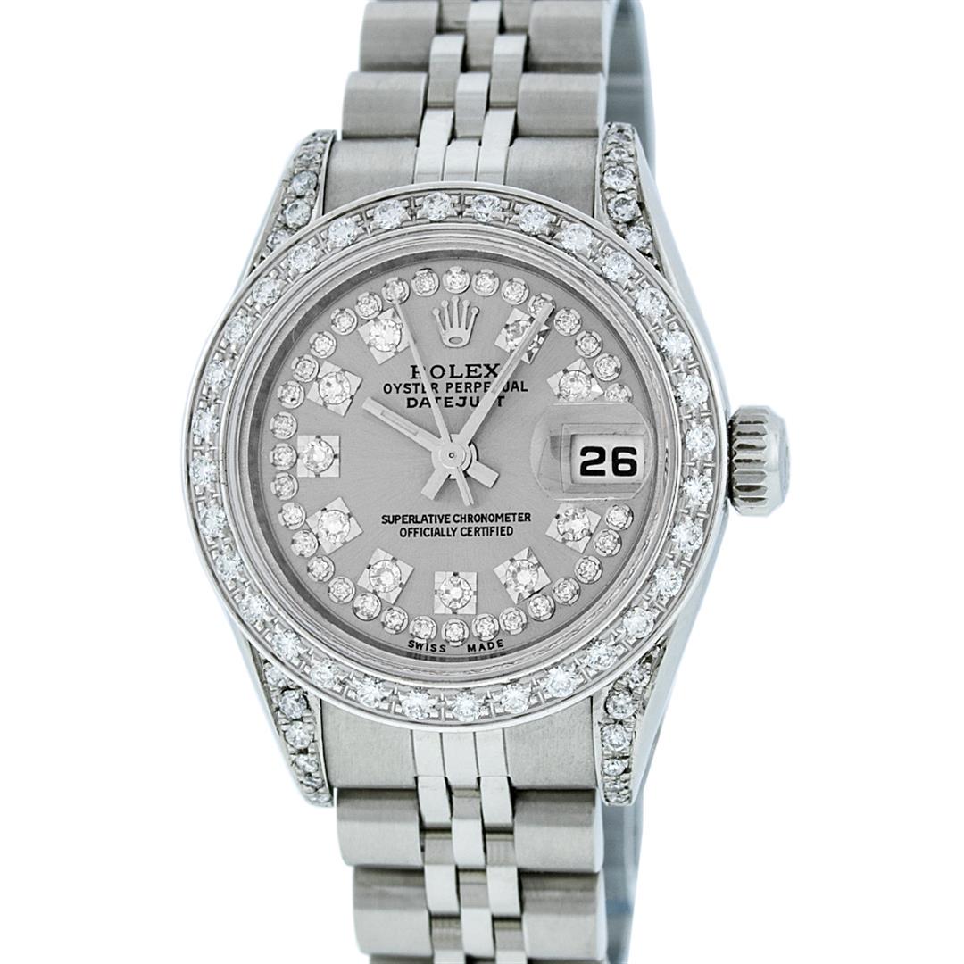 Rolex Ladies Stainless Steel Quickset Slate Grey: One Quickset Ladies Stainless Steel Rolex Datejust Polished Bright with Satin Finish, Serviced & Electronically Tested, Stainless Steel Case: 26mm, Stainless Steel Crown, Custom Diamond Lugs: 24 Diamo