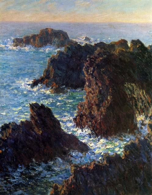 Claude Monet - Rocky Peaks at the Belle-Ile: Artist: Claude Monet - Title: Rocky Peaks at the Belle-Ile - Medium: Fine Art Reproduction Giclee on Canvas - Image Size: Approximately 20 inches x 15.5 inches - Unframed on Unstretched Canvas - Biogr