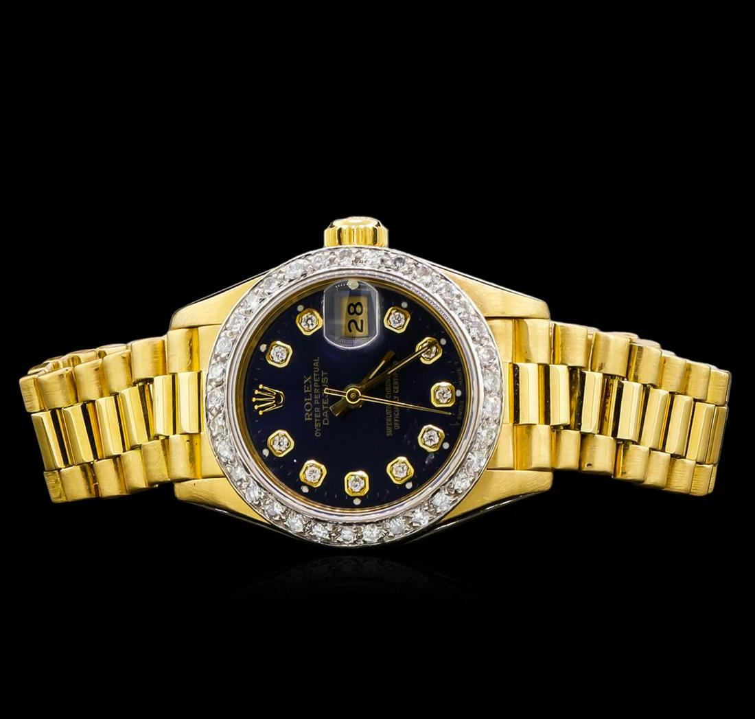 Rolex 18KT Gold President Diamond DateJust Ladies Watch: One ladies, hand crafted & machine milled Rolex Lady President the DateJust model wristwatch electronically tested 18KT yellow gold, Circa: 1989, Case: 26mm oyster, Scalloped Crown: twinlock with Role