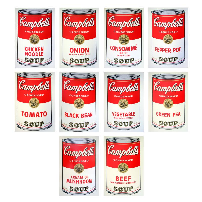Soup Can Series I by Warhol, Andy: "Soup Can Series I" is a suite of 10 silk screen prints on paper (open edition) from Sunday B Morning featuring the works of Andy Warhol. The piece is stamped in blue on the back with "Published by Su