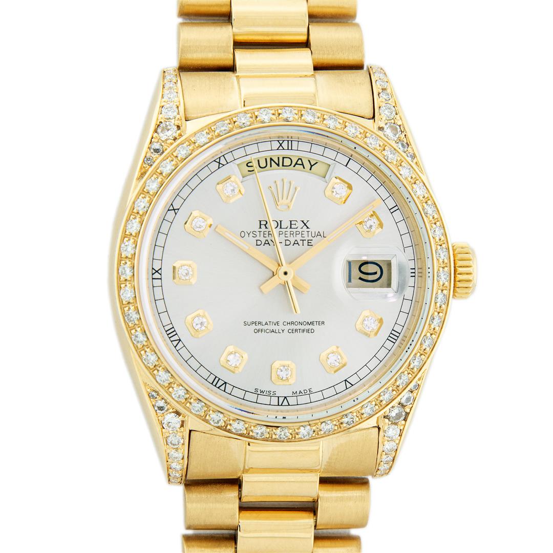 Rolex Mens 18K Yellow Silver Diamond Lugs President: One Mens Rolex Day Date 18K Yellow Gold President Polished, Serviced & Electronically Tested, 18K Yellow Gold Case: 36mm, Custom Diamond Lugs: 28 Diamonds On Lugs, Color: G to H, Clarity: SI-VS. 18K Y