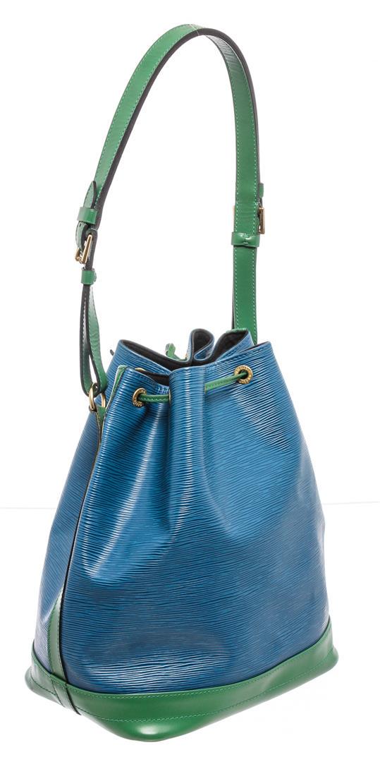 Louis Vuitton Blue Green Epi Leather Noe PM Drawstring: Blue and Green Epi leather Louis Vuitton Noe PM with brass hardware, adjustable flat shoulder strap, tonal Alcantara lining and drawstring closure at top.
