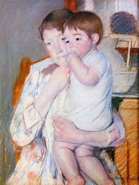 Mary Cassatt - Baby On The Arm Of The Mother: Artist: Mary Stevenson Cassatt (b. 1844 - 1926) Title: Baby On The Arm Of The Mother Medium: Fine Art Reproduction Giclee on Canvas Image Size: Approximately 20 inches x 15 inches Unframed on Unstretc