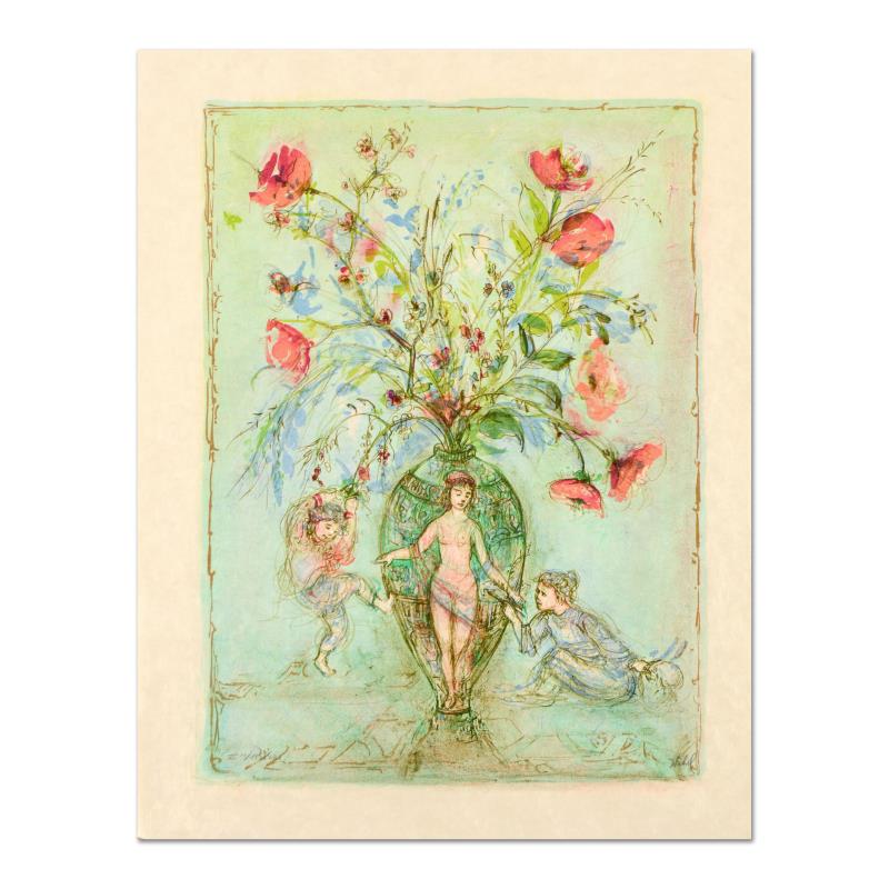 Sprites of the Grecian Urn by Hibel (1917-2014): "Sprites of the Grecian Urn" is a limited edition lithograph on rice paper by Edna Hibel (1917-2014), numbered and hand signed by the artist. Includes Certificate of Authenticity. Measures approx. 19.