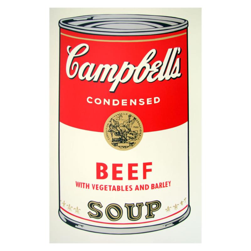 Soup Can 11.49 (Beef w/Vegetables) by Warhol, Andy: "Soup Can 11.49 (Beef w/Vegetables)" is a silk screen print on paper (open edition) from Sunday B Morning featuring the works of Andy Warhol. The piece is stamped in blue on the back with "Published b