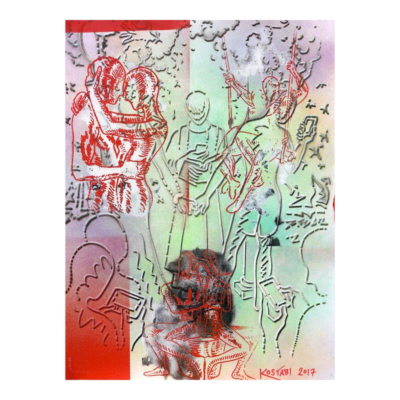 Till Text Do We Part by Kostabi Original: "Till Text Do We Part" is a mixed media original painting on paper, by Mark Kostabi. The piece is hand signed and comes with a certificate of authenticity. Measures approximately 30" x 22.5".