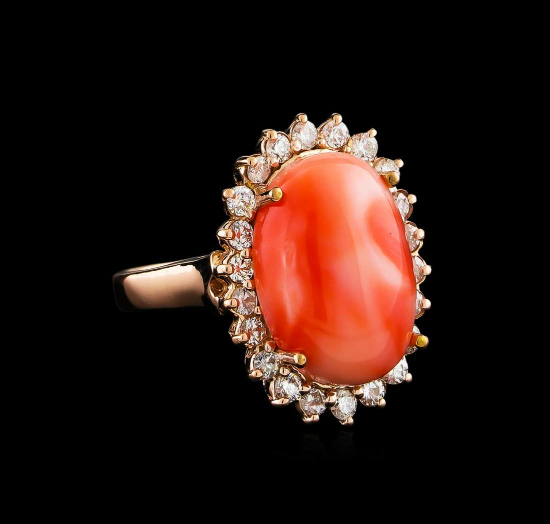 8.10 ctw Coral and Diamond Ring - 14KT Rose Gold: One ring featuring: 14KT rose gold weighing 6.02 grams containing one coral with a total weight of 8.10 and side diamonds with a total weight of 0.70ct.