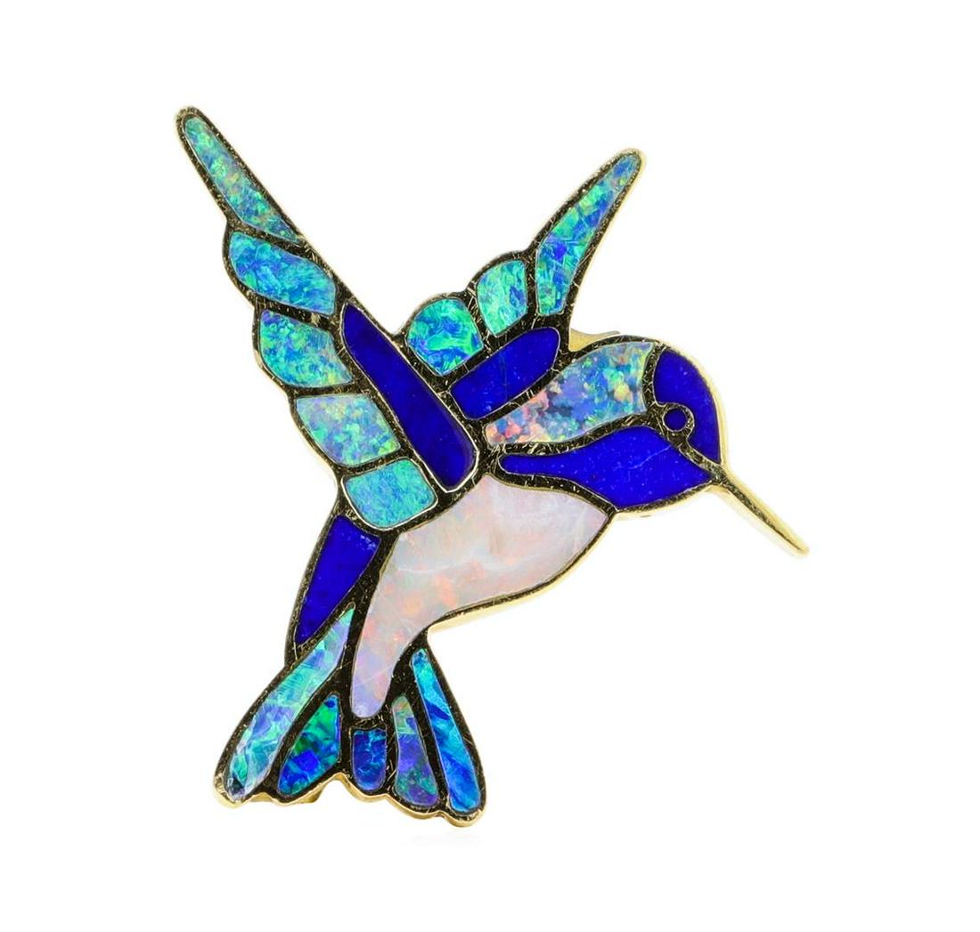 Opal and Lapis Lazuli Hummingbird Pin/Pendant - 18KT: One hummingbird pin/pendant featuring: 18KT yellow gold weighing 7.4 grams containing inlaid pieces of opal and lapis lazuli.