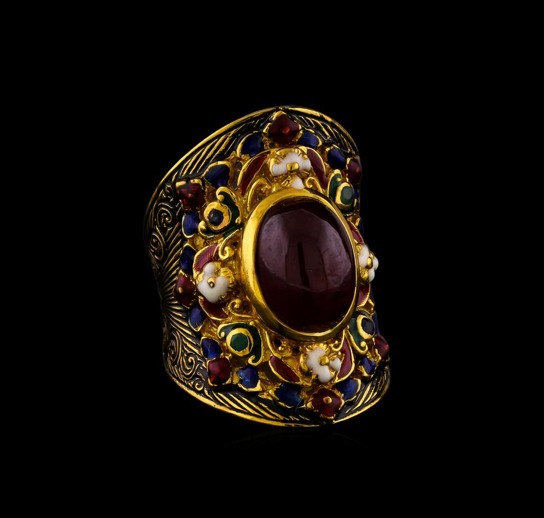 Sterling Silver Ring: One of a kind high fashion sterling silver Ring weighing 20.2 grams. Containing: Ruby, Multi-color Enamel Inlay. This sterling silver promises a lasting shine.