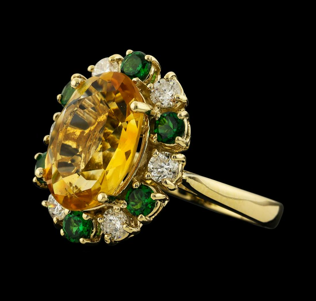 4.81 ctw Citrine, Tsavorite and Diamond Ring - 14KT: One ring : 14KT yellow gold weighing 5.84gm containing citrine quartz with a total weight of 4.81ct, tsavorite weighing 0.83ctw and diamonds weighing 0.64ctw.