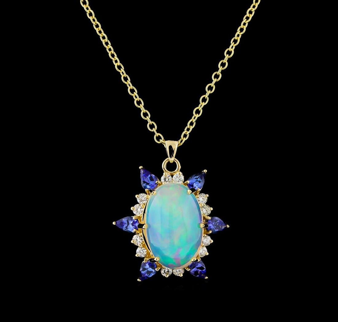 12.73 ctw Opal, Tanzanite and Diamond Pendant With: One electronically tested 14KT yellow gold lady's combination cast & assembled fashion pendant & chain 18.0" long, 2.2mm round cable link with a lobster claw clasp with a bright polish finish. The fea