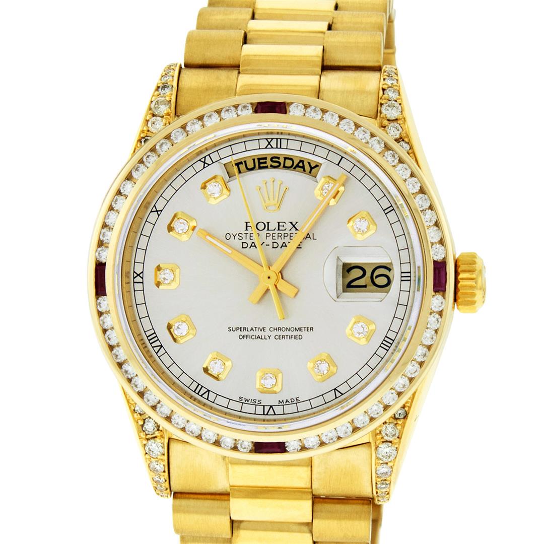 Rolex Mens 18K Yellow Silver Diamond Lugs President: One Mens Rolex Day Date 18K Yellow Gold President Polished, Serviced & Electronically Tested, 18K Yellow Gold Case: 36mm, Custom Diamond Lugs: 28 Diamonds On Lugs, Color: G to H, Clarity: SI-VS. 18K Y