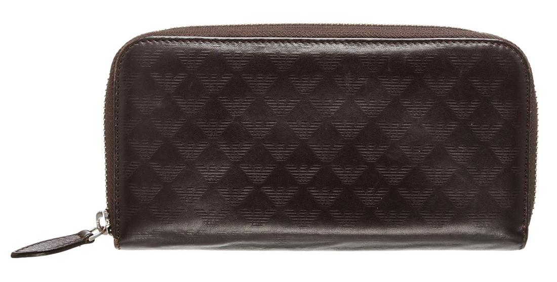 Emporio Armani Dark Brown Leather Zipper Wallet: Dark brown Emporio Armani leather zipper wallet with silver-tone hardware, tonal leather lining, eight credit card slots, two open pockets, one zipper compartment and two slip pockets at interior wall