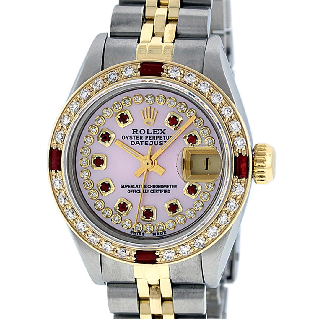 Rolex Ladies 2 Tone Pink MOP Diamond & String Ruby: One Ladies Two Tone Rolex Datejust Polished, Serviced & Electronically Tested, Yellow Gold & Stainless Steel Case: 26mm, Yellow Gold Crown, Custom Bezel: New 18K Yellow Gold Ruby Beadset Diamond Bezel