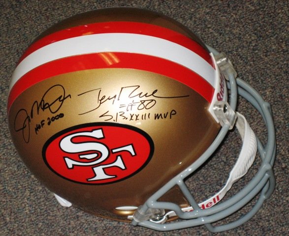 Joe Montana / Jerry Rice Signed 49ers Helmet: You are bidding on a SAN FRANCISCO 49ERS HELMET SIGNED BY JOE MONTANA AND JERRY RICE. This awesome item is a SF 49ers full size football helmet. Signatures on the helmet include Hall of Famers and Sup