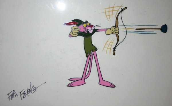 Pink Panther Cel "Bow & Arrow" Signed by Freleng: You are bidding on an AUTHENTIC FRIZ FRELENG "PINK PANTHER" HAND DRAWN AND COLORED ANAMATION CEL This drawing "Bow & Arrow" is a beautiful animated cartoon cel. Check out the great scans! Please email