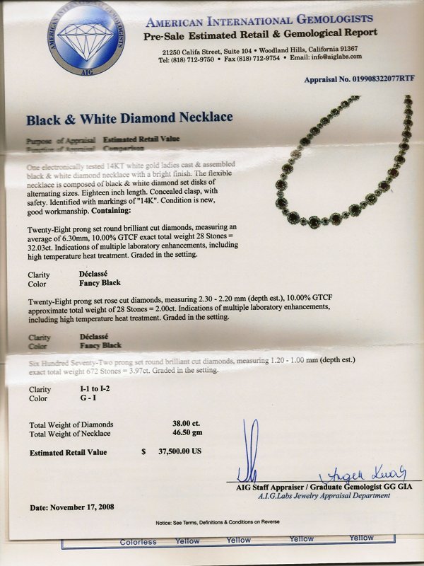 Black & White Diamond Necklace: You are bidding on a Black and White Diamond Necklace - B-19 This item is an electronically tested 14KT white gold ladies cast and assembled black and white diamond necklace with a bright finish. The 