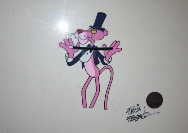 Pink Panther Cel "Hat & Cane" Signed by Freleng: You are bidding on an AUTHENTIC FRIZ FRELENG "PINK PANTHER" HAND DRAWN AND COLORED ANAMATION CEL This drawing "Hat & Cane" is a beautiful animated cartoon cel. Check out the great scans! Please email 